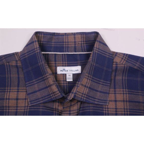 Peter Millar Blue/Brown Plaid Button-Up Dress Shirt Men's XL - Picture 5 of 7